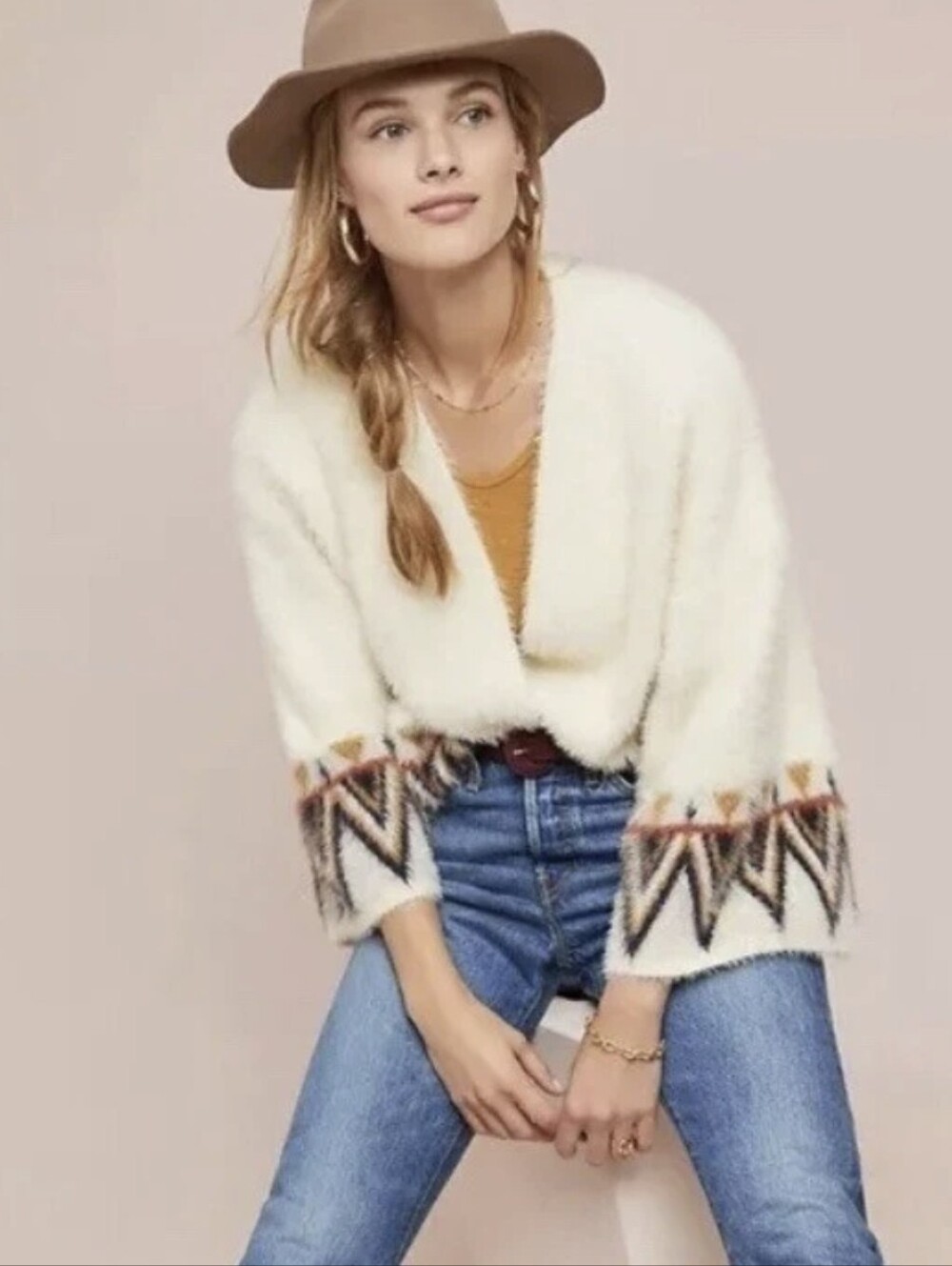 Line & Dot Cream Fuzzy Fair Isle Eyelash Knit Open Cardigan Sweater Aztec Sz.S